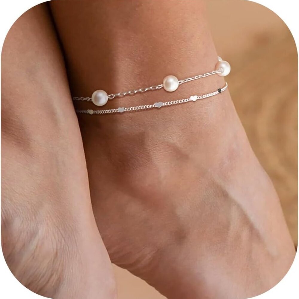 Sterling Silver Anklet Bracelets for Women Waterproof, 925 Sliver Plated CZ & He